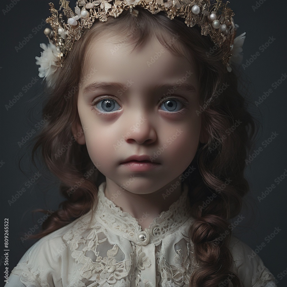 Fototapeta premium Portrait of a beautiful little girl in a wreath of flowers
