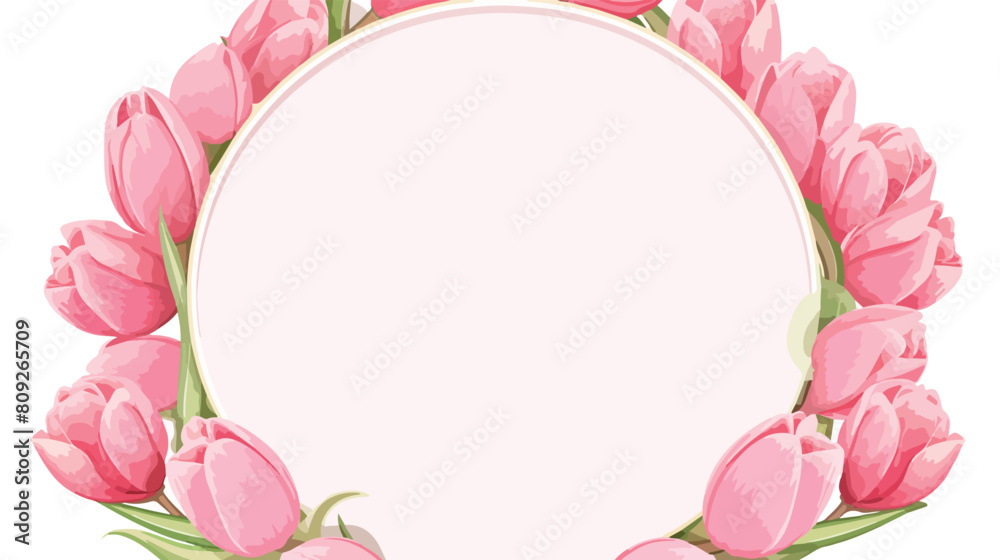 Round frame formed by one pink tulip flower with pl