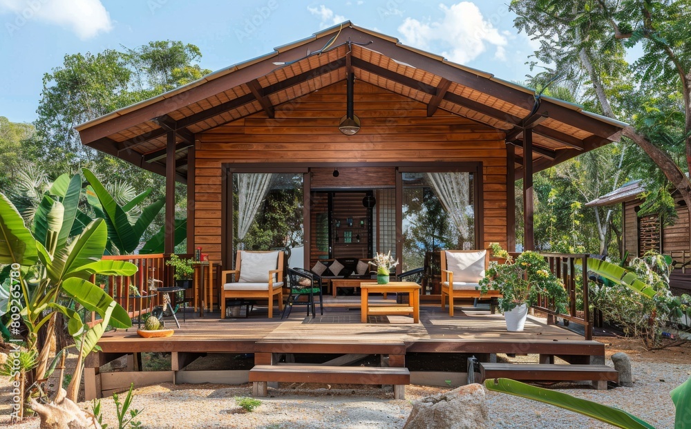 Naklejka premium The image shows a cozy tropical bungalow with a welcoming outdoor seating area, surrounded by lush greenery in a serene environment
