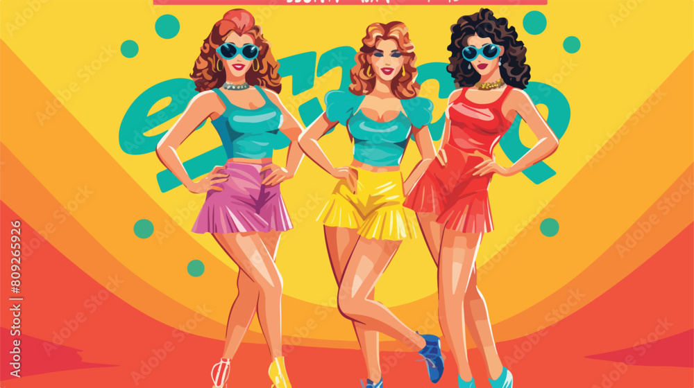 Retro disco party banner invitation with two girls