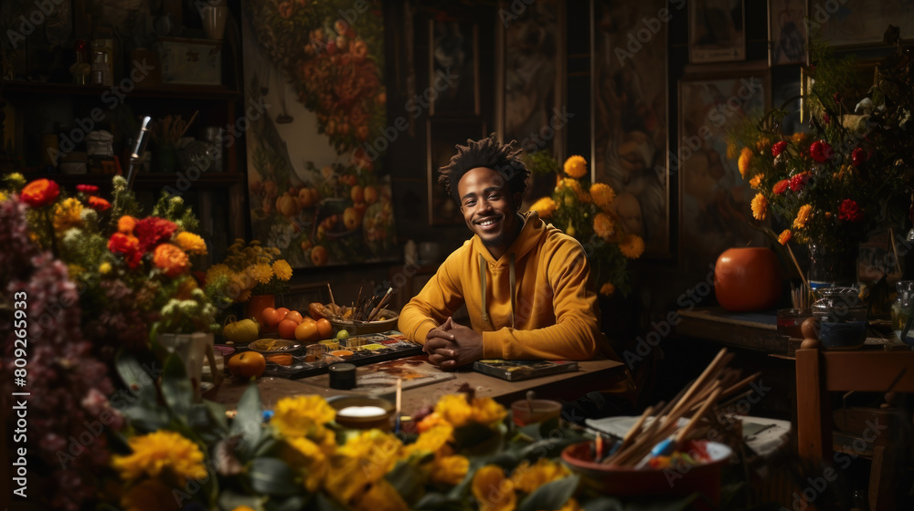 Joyful African Male Artist in a Colorful Studio Full of Flowers and Paintings