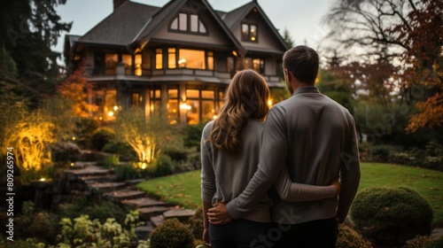 Loving Couple Admiring Their New Luxury Home at Dusk