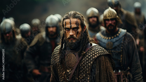 Intense Portrait of a Viking Leader with His Warrior Troop in the Background