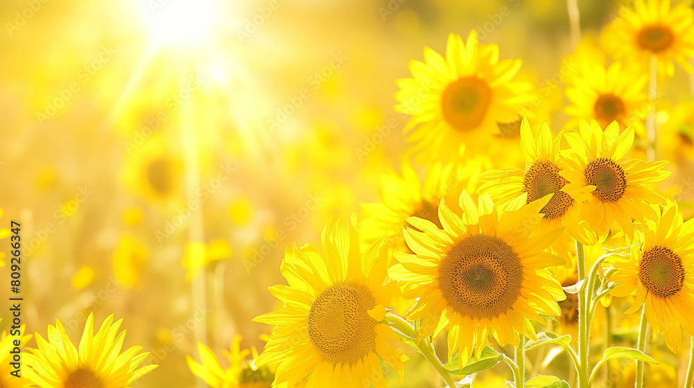 Obraz premium Sunny yellow background with sunflowers, copy space. Sunshine bright art design in warm color.