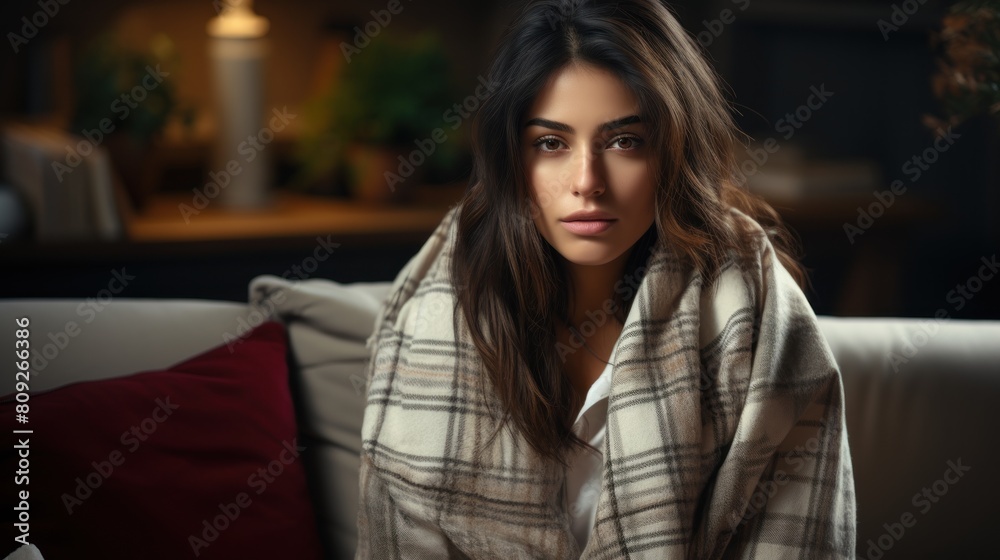 Portrait of a Reflective Young Indian Woman Wrapped in a Plaid Blanket Indoors Portrait of a Reflective Young Indian Woman Wrapped in a Plaid Blanket Indoors