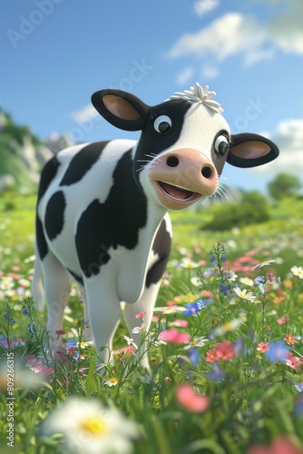 3D cartoon cow on the background of nature