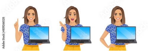 Beautiful business woman wearing bright clothes showing blank screen laptop computer different posing isolated vector illustration
