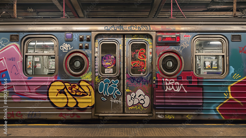 Colorful graffiti-covered subway train in urban setting Colorful graffiti-covered subway train in urban setting