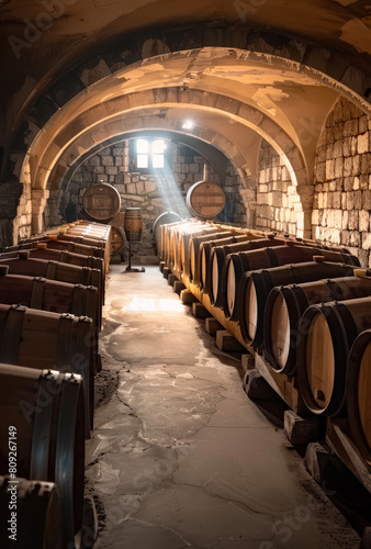 Old aged traditional wooden barrels with wine in vault lined up in cool and dark cellar