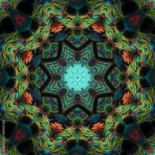 colorful flower psychedelic art symmetrical fantasy landscape lying on a mandala. Kaleidoscope: Mesmerizing Abstract Loops. Colorful Infinite Patterns Abstract Kaleidoscope Background photo