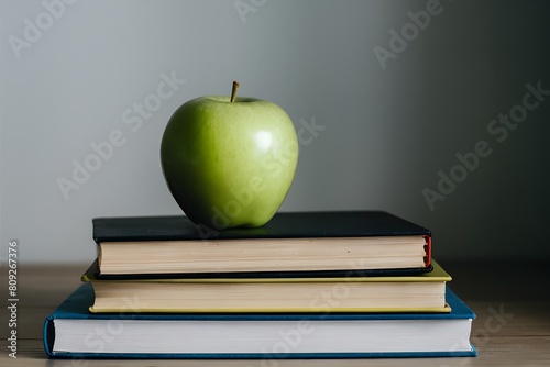 Green apple on books with colorful covers against plain white background