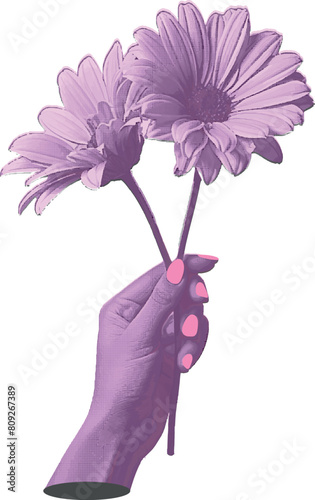  halftone hand collage in a bright pink retro style with flowers . Vector illustration