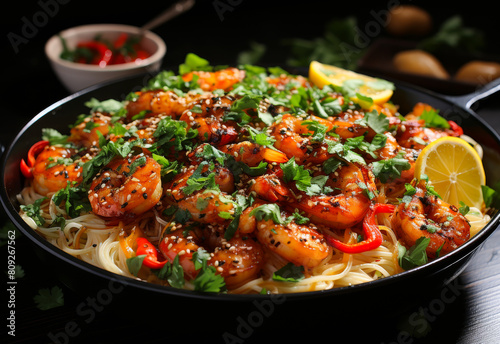 Asian food: spicy shrimps with spaghetti lemon and parsley in black pan on dark background
