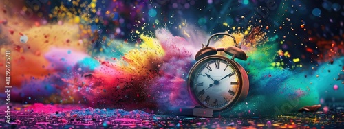 clock on the background of multi-colored powder. selective focus photo