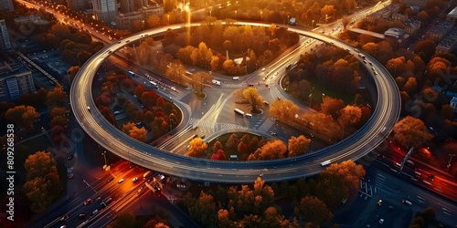 Bird's Eye View of a bustling expressway roundabout in a contemporary city. Concept Cityscape, Transportation, Urban Life, Traffic Flow, Aerial Perspective photo