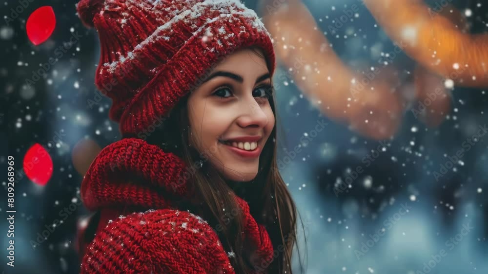 Woman wearing red hat and red scarf is smiling in snow Woman wearing red hat and red scarf is smiling in snow