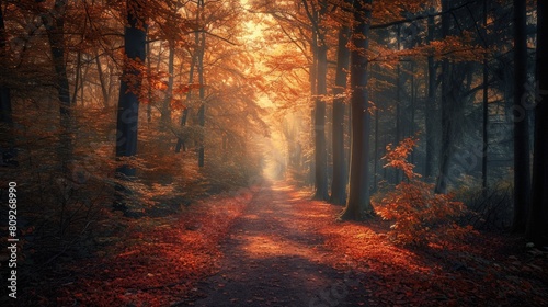 An enchanted forest in autumn  filled with golden leaves in autumn. Resplendent.
