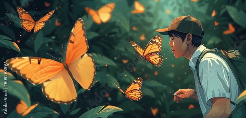 a lepidopterist male observing butterflies in a tropical forest, 2d, flat, illustration, solid color.