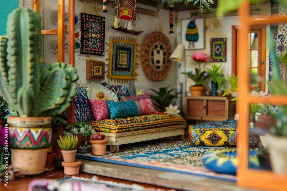 A small room with a lot of colorful decorations and plants
