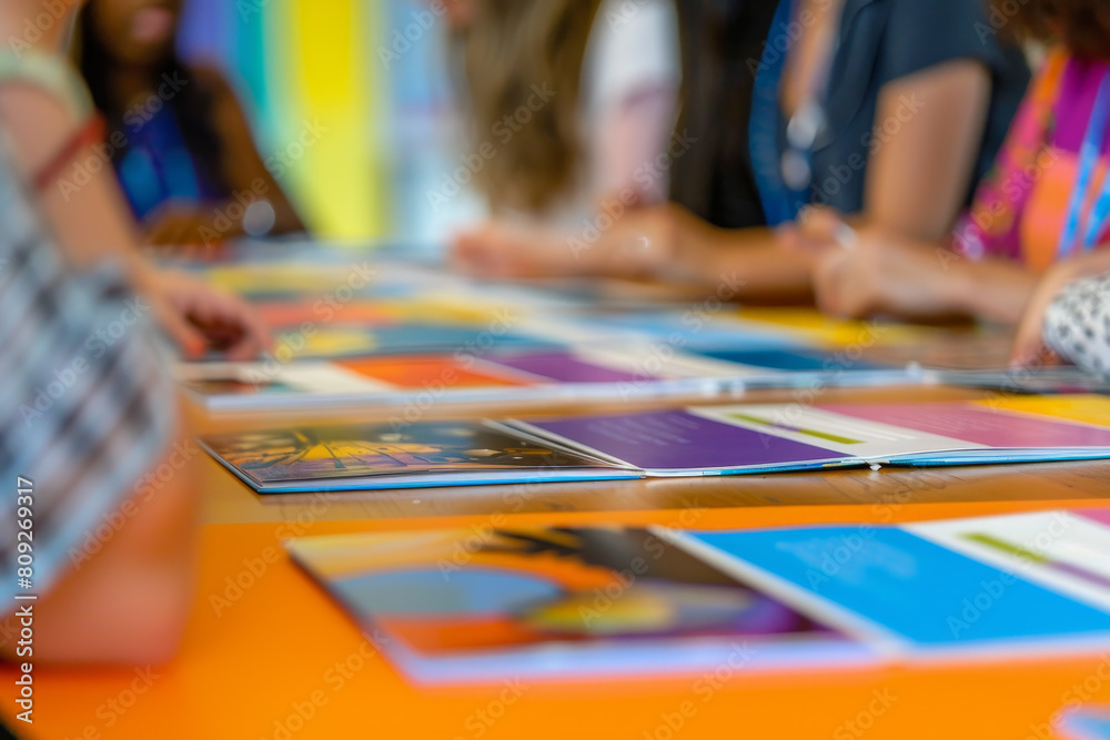 A group of people are sitting around a table with a variety of colorful books A group of people are sitting around a table with a variety of colorful books