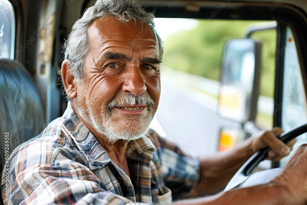 A man with a beard and gray hair is smiling and driving a truck A man with a beard and gray hair is smiling and driving a truck