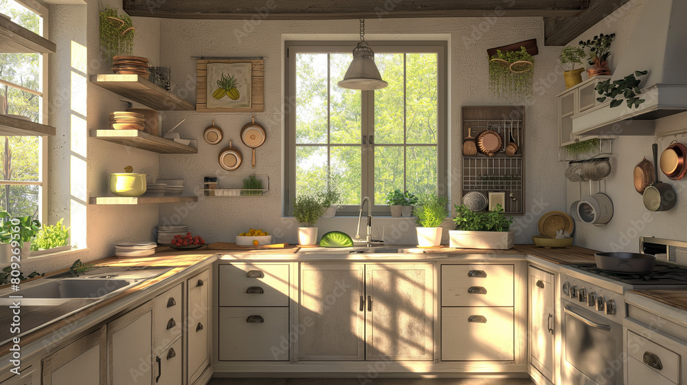 Modern Country Kitchen with Sunlight and Green Plants