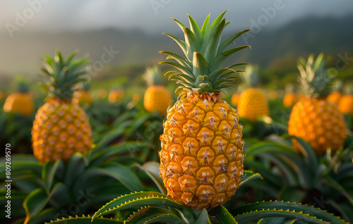 Pineapples growing in plantation in the morning