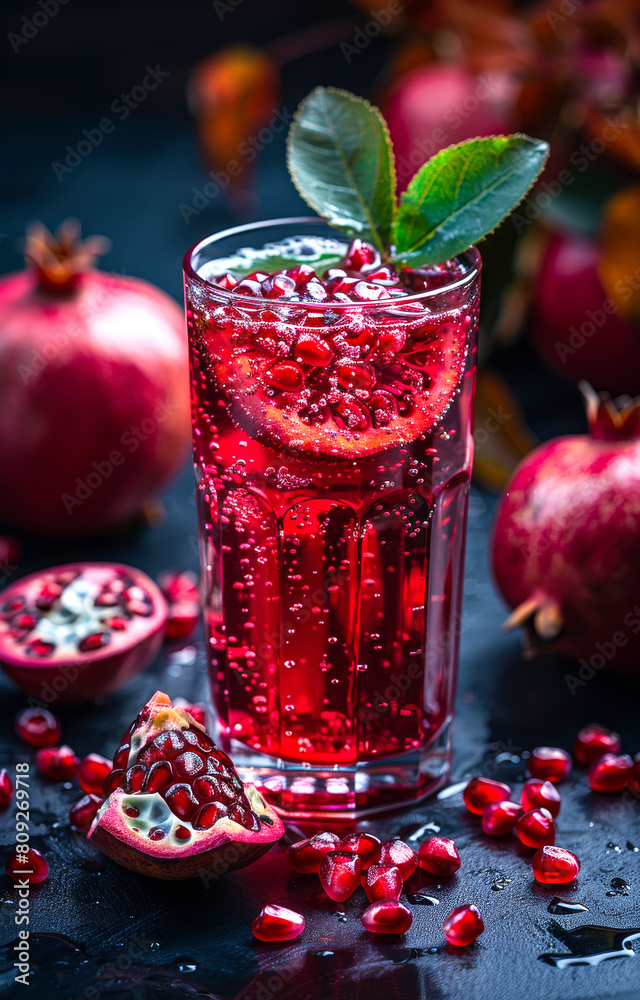 Pomegranate juice or detox drink with fresh pomegranate fruits and mint on dark background Pomegranate juice or detox drink with fresh pomegranate fruits and mint on dark background