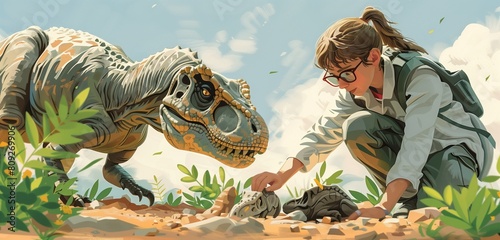 a paleontologist female uncovering dinosaur fossils, 2d, flat, illustration, solid color. photo