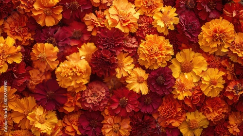 A close up of a bunch of orange flowers. The flowers are in various sizes and are arranged in a way that creates a sense of depth and texture. Scene is warm and inviting photo