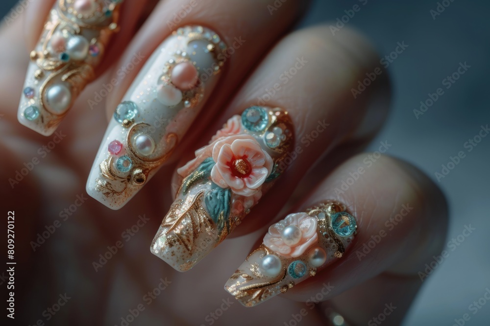 Nail art mastery: a captivating showcase of 3d three-dimensional elegance, featuring beautiful design adorning nails, blending creativity, style, intricate craftsmanship for a chic and trendy look. Nail art mastery: a captivating showcase of 3d three-dimensional elegance, featuring beautiful design adorning nails, blending creativity, style, intricate craftsmanship for a chic and trendy look.