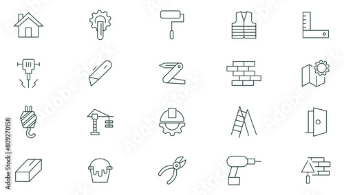 Construction line icon set. Construction, industry, home repair tools, builders and equipment, builder, crane, engineering, equipment, helmet, tool, house, renovation, outline icon collection.