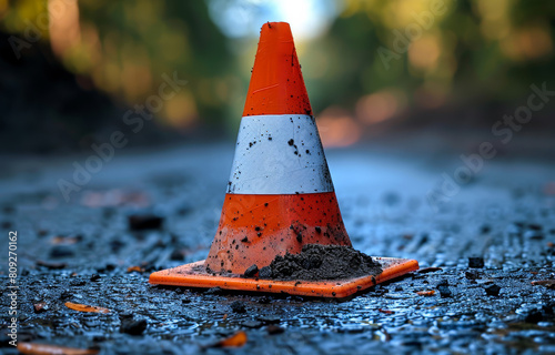 Traffic cone is placed on the road. A photo of an orange and white traffic cone on asphalt