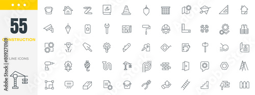 Construction line icon set. Construction  industry  home repair tools  builders and equipment  builder  crane  engineering  equipment  helmet  tool  house  renovation  outline icon collection.