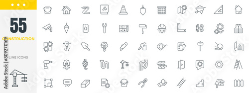 Construction line icon set. Construction, industry, home repair tools, builders and equipment, builder, crane, engineering, equipment, helmet, tool, house, renovation, outline icon collection.