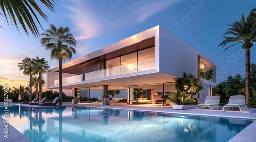 Exterior of private house luxury villa. Modern architecture real estate with swimming pool