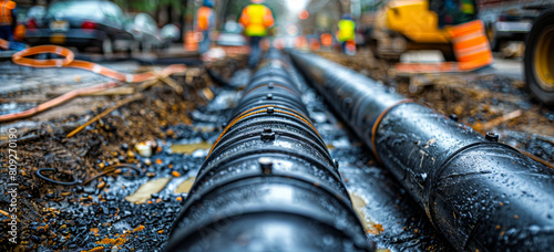 New pipeline is being laid in the city. A photo shows a long black plastic pipe laying on the ground in front photo