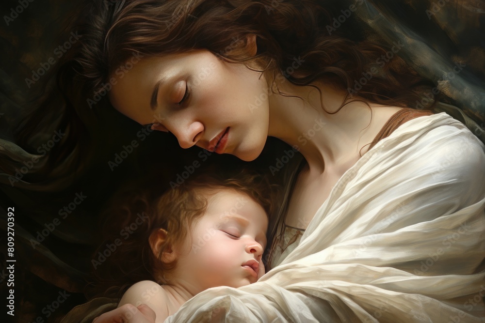 A serene portrait of a sleeping mother embracing her baby A serene portrait of a sleeping mother embracing her baby