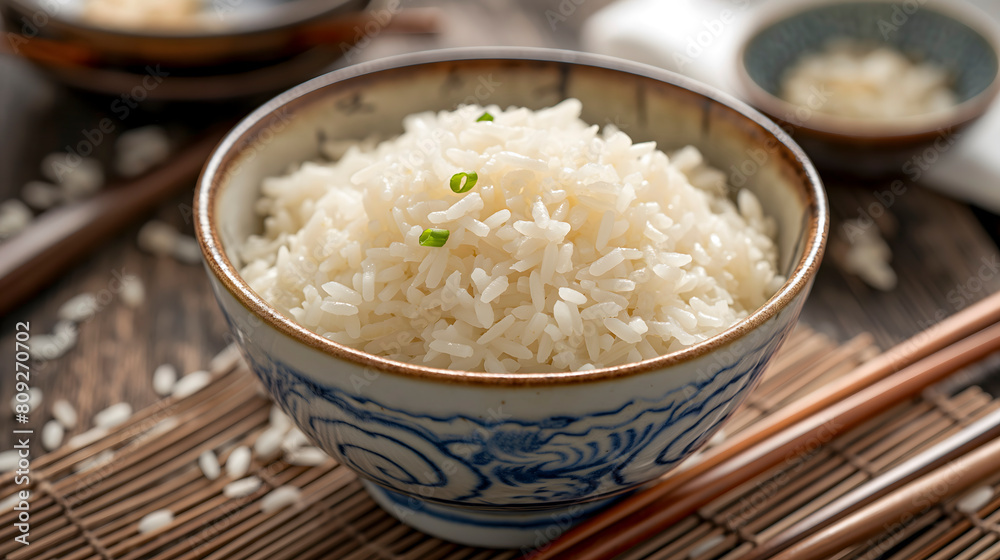 Rice in a bowl with chopsticks on a wooden table. Rice in a bowl with chopsticks on a wooden table.