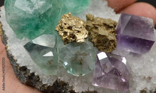 The smooth  translucent surfaces of fluorite and quartz  contrasted by the rough  metallic luster of pyrite. The fluorite exhibits a deep  ethereal green hue.