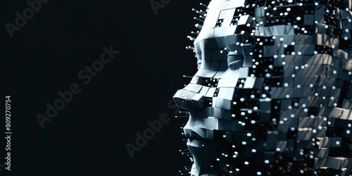 artificial intelligence head made from cubes, on a black background, with white and blue colors Generative AI
