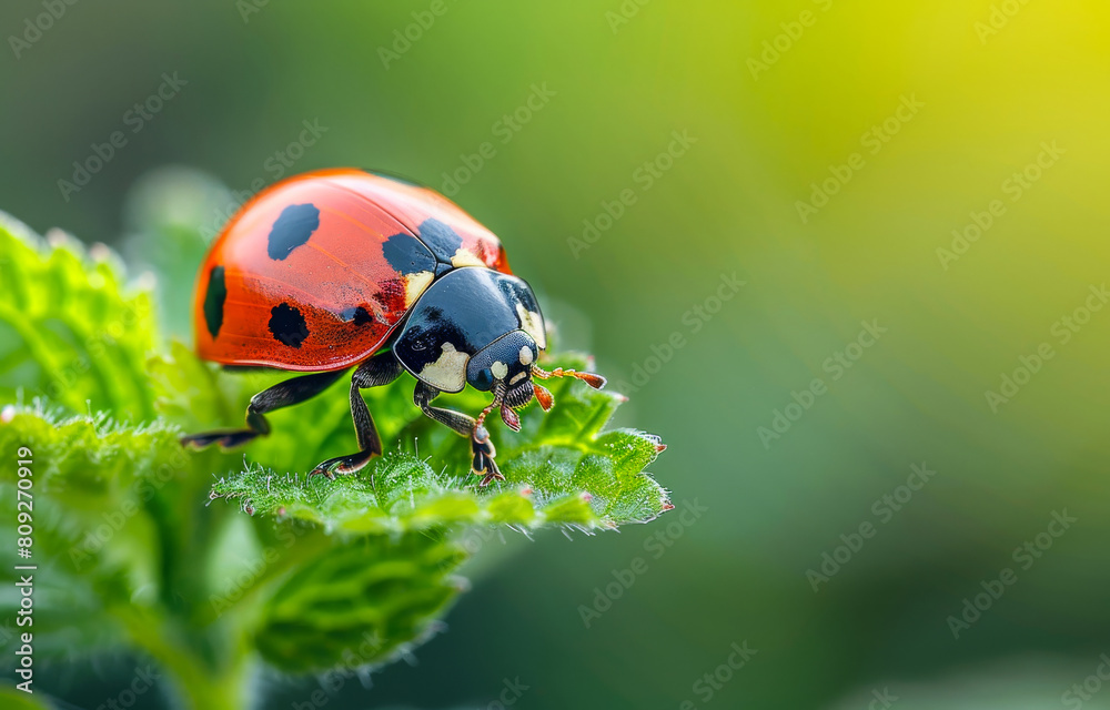 Ladybug on leaf in spring macro. Beautiful lady bug in the garden Ladybug on leaf in spring macro. Beautiful lady bug in the garden