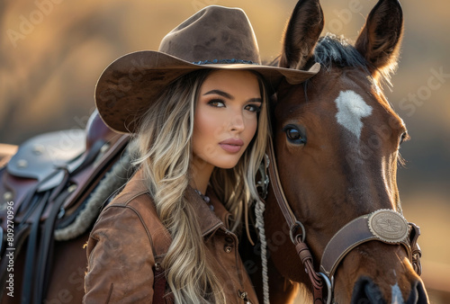 Woman poses with her horse in cowboy hat and leather jacket.