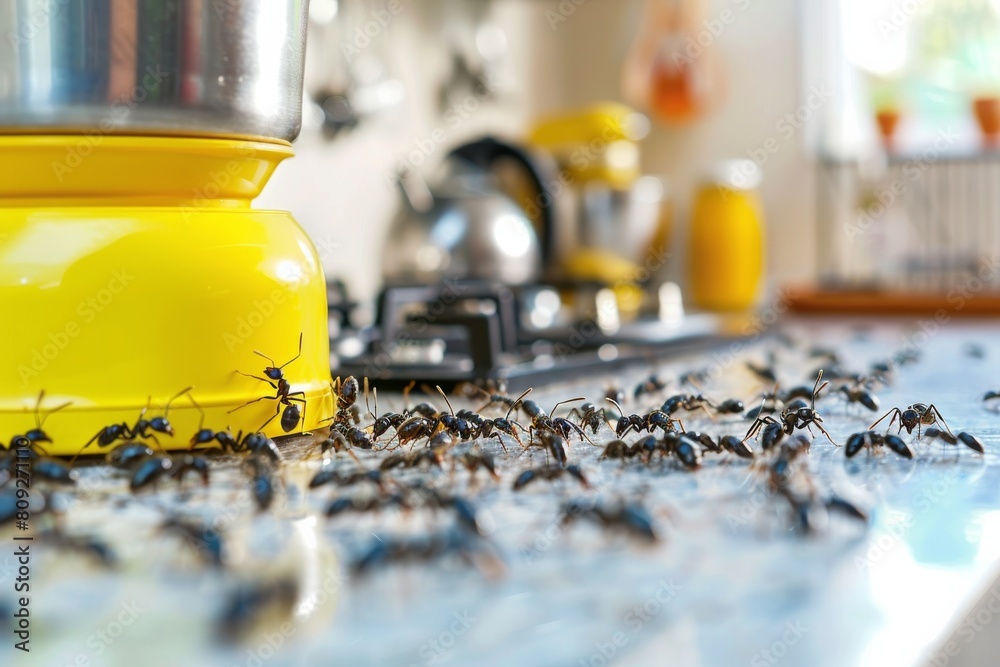 Swarms of ants invade a modern kitchen counter, evoking a sense of ...
