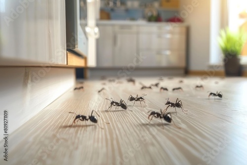 Ants are prominently featured scurrying across a wooden floor in a residential setting, presumably in search of food