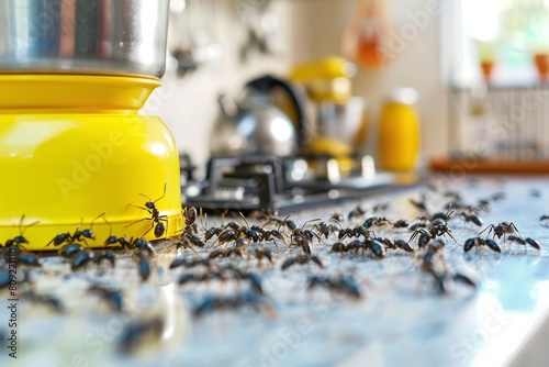Swarms of ants invade a modern kitchen counter, evoking a sense of urgency and invasion