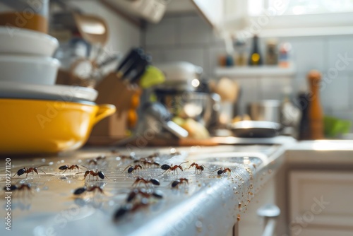 Close view of ants on a counter top with visible crumbs, emphasizing an unkept kitchen environment photo