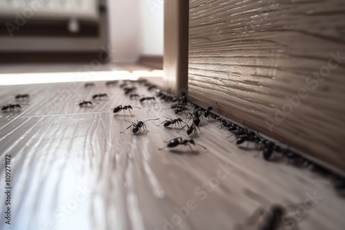A close-up shot displaying ants crawling on a floor, outlined by the wall and doorframe photo