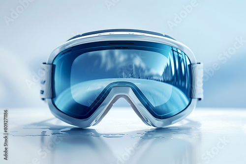 High-tech ski goggles on snowy surface  blue tinted lens  light background. Advanced ski goggles with clear reflection of winter woods. Professional ski gear with blue lens  cold winter setting.