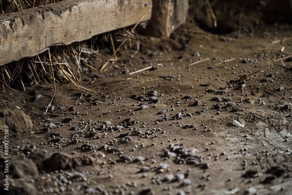 Mice trails seen as small, deliberate marks through the coarse floor of a worn-out barn, filled with straws Mice trails seen as small, deliberate marks through the coarse floor of a worn-out barn, filled with straws